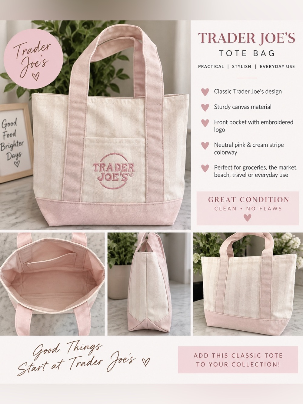 Trader Joe’s Pink Striped Mini Canvas Tote Bag – NWT